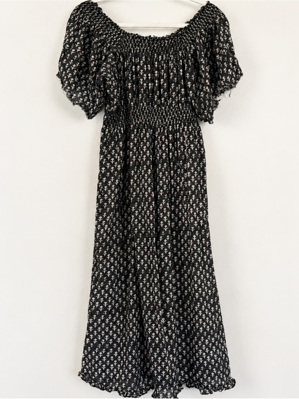 EDDY Rosie Smocked Block Print Puff Sleeve Midi Dress M